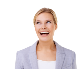 Head and shoulders shot of a pretty blonde facing frontward and smiling looking at the side Isolated on a PNG background.