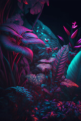 Jewel-toned jungle motifs background with neon lights. AI generated