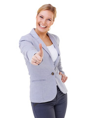 Three quarter length shot of a super happy pretty blonde giving a thumbs up sign Isolated on a PNG background.