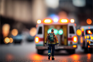 A paramedic attends to an accident in the city at night. Generative ai