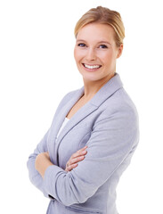 Portrait of an attractive blond businesswoman in formal smiling at the camera with her hands...
