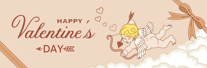 Valentine's Day design template which include greeting word - Cupid flying on cloud scape, horizontal banner