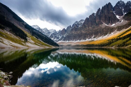 Illustration photo of Mountain lake with reflection on a cloudy day