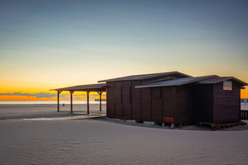 Playa de las Arenas beach by the Mediterranean Sea in Valencia at sunrise. Spain