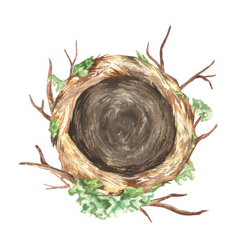 Empty birds nest top view. Watercolor illustration. Round thatched hummingbird house. Isolated on a white background. For rustic print design, vintage stickers, Easter packaging