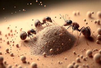 Hormigas cerca de hormiguero trabajando,  generative ai.