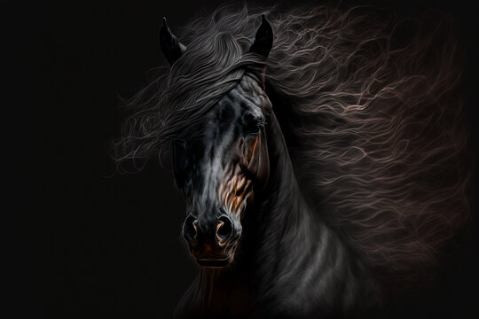 Retrato de caballo en movimiento en fondo oscuro,  generative ai.