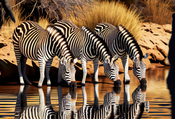 Three zebras at a watering hole. Wild animals drink water from a lake or river. Generative Ai Art.