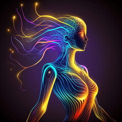 Female silhouette, humanoid figure outlined with neon light, minimalist concept. Created with generative ai technology.