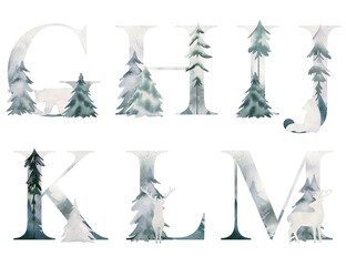 Watercolor winter forest letters with animals for invitation card, poster and other. 