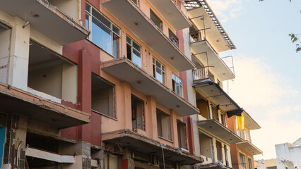 Ruined house during the process of urban transformation. Demolition of old buildings. Building demolition in urban transformations