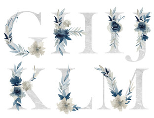 Watercolor floral alphabet with indigo flowers for wedding invitations, greeting card, birthday, logo, poster and other. 