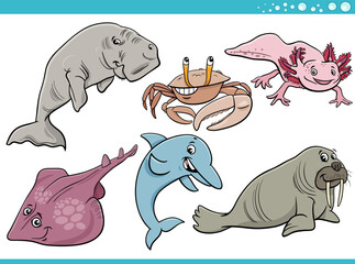 cartoon sea life or marine animal characters set