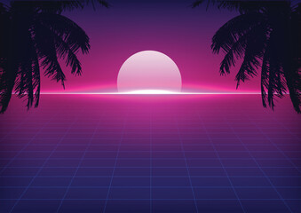sunset on the beach. Retro palms vector sci fi background. Digital landscape cyber surface.
