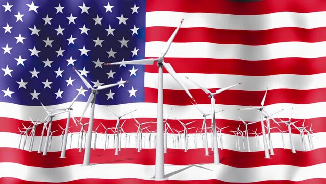 spinning wind turbines with the flag of America in the background.