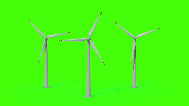 wind turbines spinning around isolated on a green screen