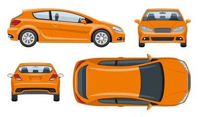 Orange hatchback car vector template with simple colors without gradients and effects. View from side, front, back, and top
