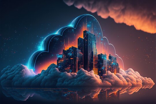 Cloud computing technology concept. Cyber security. Smart city and digital cloud data center.Futuristic big data processing cloud. Generative AI