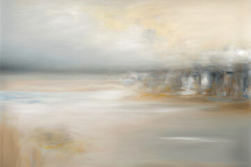 Abstract Background: Dreamy Silver, Ivory and Ochre evokes a sense of a misty lake coastline, Generative AI