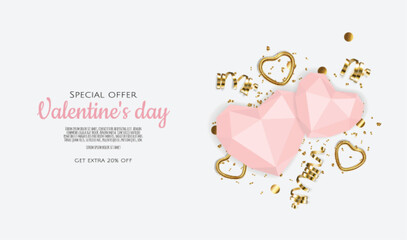 Valentine s day sale background with 3d heart. Vector background for poster, banners, flyers, card.