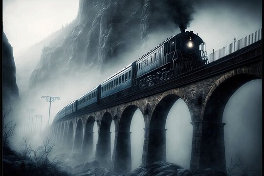 Train rides over the bridge in the fog. A gloomy picture of a black train.Haunted ghost train going over a foggy mountain bridge. Generative AI