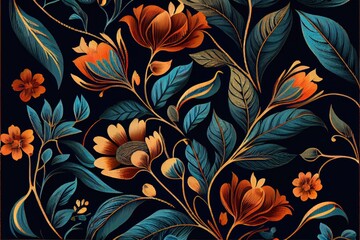 Retro seamless pattern with flowers background - generative ai