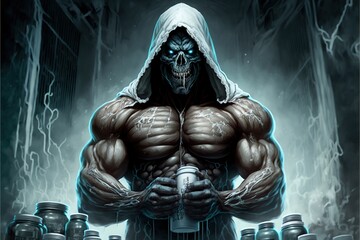 Body builder man with giant muscles drinks sports nutrition. Futuristic fictional man radiates energy, human modified with future technology. Ghost on steroids overdose. Generative AI  - obrazy, fototapety, plakaty