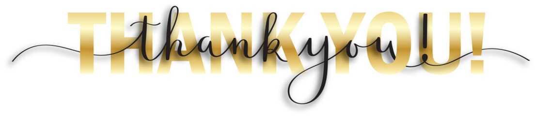 THANK YOU black and gold brush calligraphy banner on transparent background