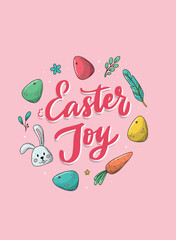 Easter Joy lettering quote decorated with doodles on pink background. Good for easter cards, posters, prints, banners, invitations, etc. EPS 10