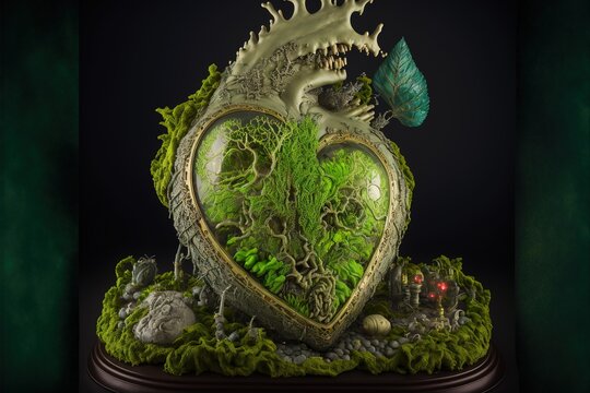 Illustration of a heart overgrown with moss. Still life of an organic biopunk biomechanical anatomical heart in a biodome with plants and slimes, surrounded by moss and algae. Generative AI