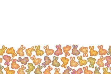 Easter bunny banner. Color painted rabbit border.  Easter symbol. Egg color gingerbread cookies. Egg hunt vector illustration. Happy Easter day backdrop. Gingerbread cookies background.