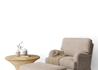 Wallpaper presentation mock up. Armchair and coffee table on transparent background. Copy space for wallpaper design, wall panels, photo wallpaper, print or paint. Interior mockup. 3D render. © Creative_Bird