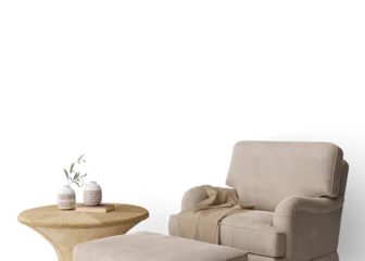 Fotobehang Per kamer Wallpaper presentation mock up. Armchair and coffee table on transparent background. Copy space for wallpaper design, wall panels, photo wallpaper, print or paint. Interior mockup. 3D render.  © Creative_Bird