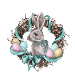 Easter bunny in a willow wreath with ribbons and painted eggs. Digital illustration - 565328331