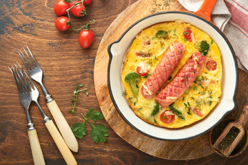 Omelette or frittata with two sausages, melted cheese, cherry tomatoes, broccoli and parsley on red skillet or iron pan on old wooden rustic table background. Healthy breakfast food concept. Top view