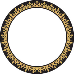 Vector gold and black Kazakh national round pattern, frame. Ethnic ornament of the nomadic peoples of Asia, the Great Steppe, Kazakhs, Kirghiz, Kalmyks, Mongols, Buryats, Turkmens