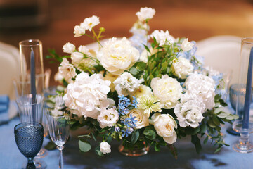 Aesthetic decoration of wedding venue, white and blue colors