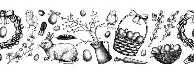 Seamless Easter ribbon design with cute characters and spring decor elements. Hand drawn bunnies, eggs, chickens, flowers and flowering trees background. Vector template with Holiday sketches © sketched-graphics