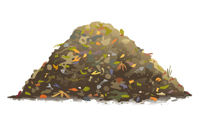 One big brown heap of organic food for compost in side view isolated, composting process of food waste and fallen leaves, transformation of food waste into fertile soil, landfill of organic waste