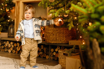 cute child with christmas tree. happy baby near a fir tree and holding a christmas ornament and...