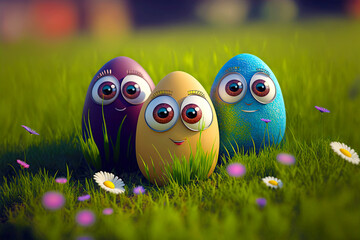 Fototapeta na wymiar Easter egg character. Cute adorable easter background. generative ai. Group of colorful eggs cartoons characters