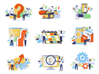 a flat vector illustrations set of business people with gear,graph and arrow	

