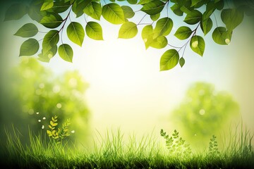 Spring background with green leaves and grass with empty copy space generative ai