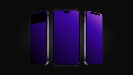 Smartphone 14 Mockup in Different Angles with Editable Screen. Black Template. Vector illustration