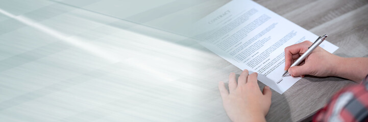 Woman hands signing a document; panoramic banner