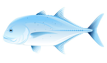 Giant trevally fish in side view, one realistic sea fish illustration on white background, Caranx ignobilis sport fishing trophy, commercial and recreational fisheries