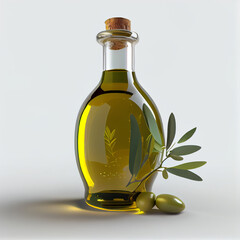 Olive oil | Extra virgin olive oil | Olive oil with olives | Olive oil in glass bottle | Olive oil with isolated white background | AI Generative | Hyper realistic | Photorealism