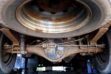 Rusty car bottom parts, some parts need replacement. - obrazy, fototapety, plakaty