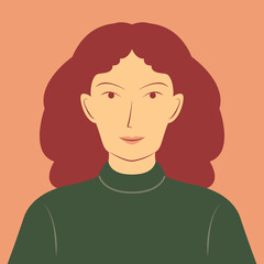 Portrait of a beautiful woman with bushy hair in flat cartoon illustration. Young woman face avatar