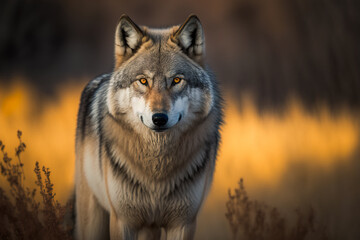 Portrait of a wild gray wolf in a natural forest habitat, generative ai